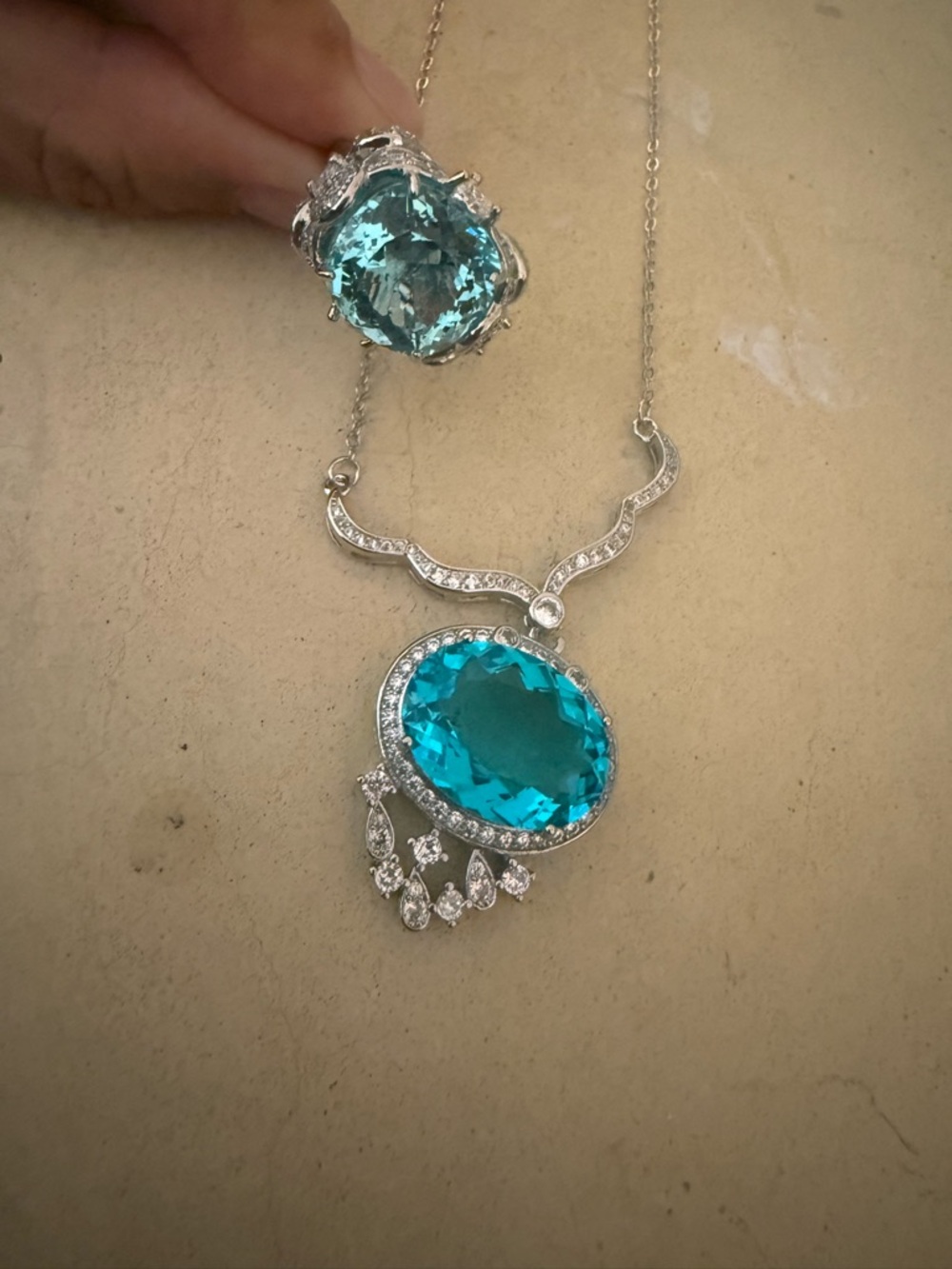 Silver Necklace and Ring Set with Teal Blue Gemstones
